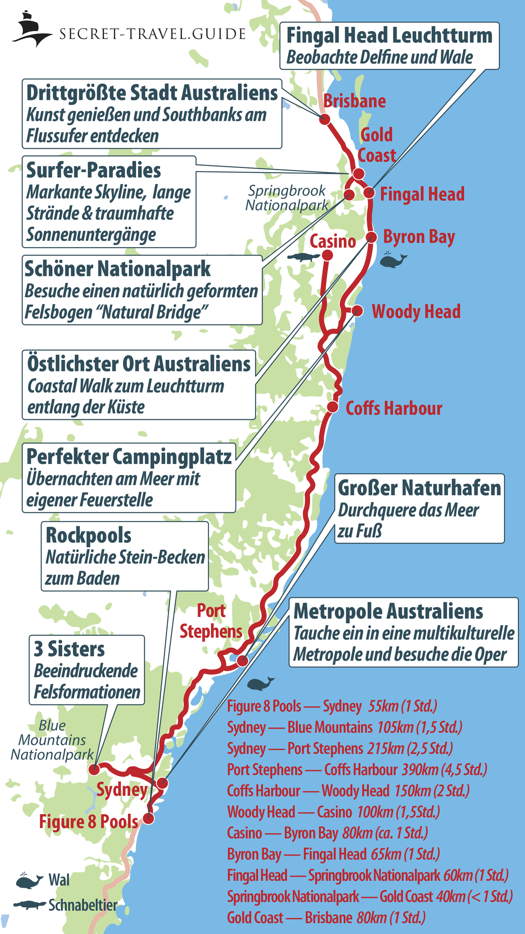 Australien Karte von Sydney nach Brisbane