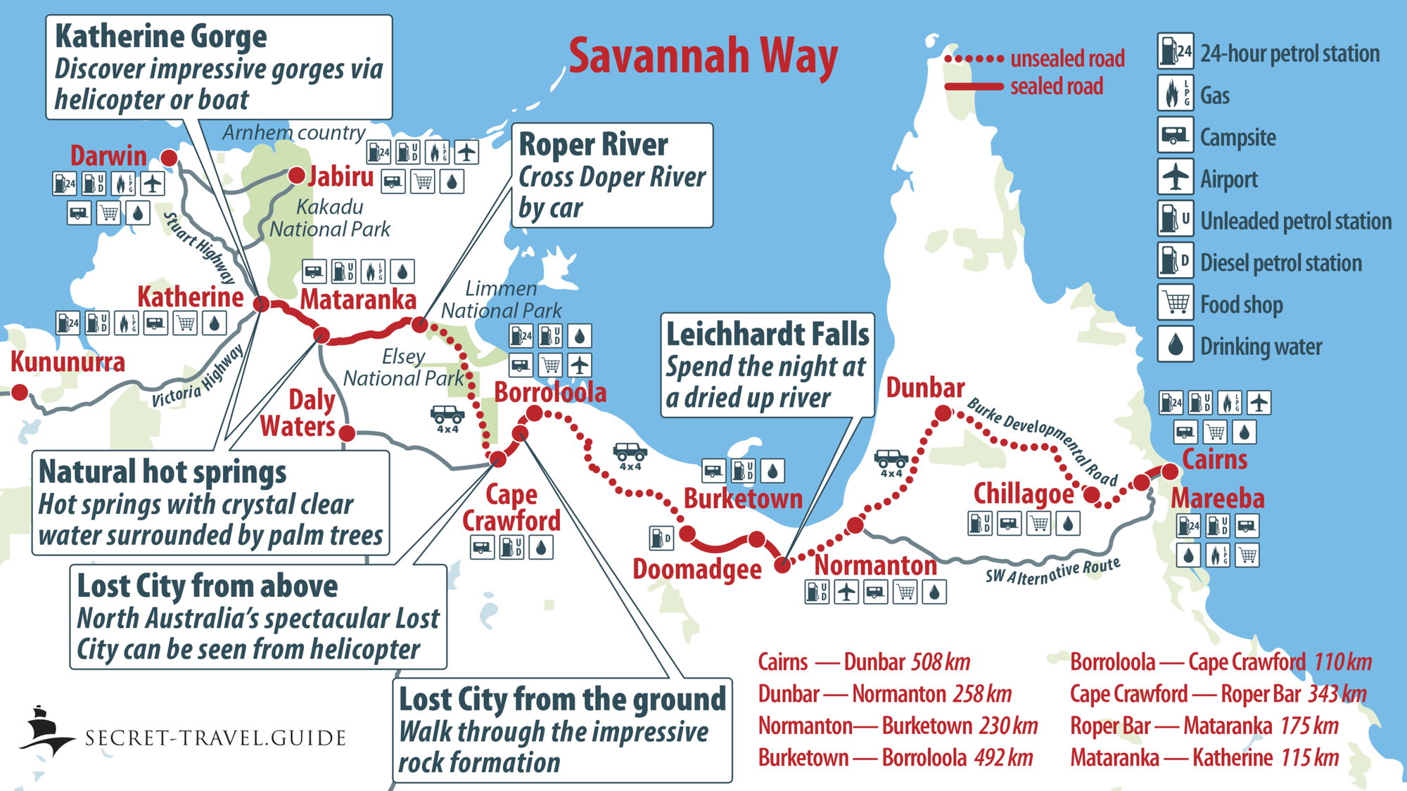 Savannah Way map from Cairns to Katherine